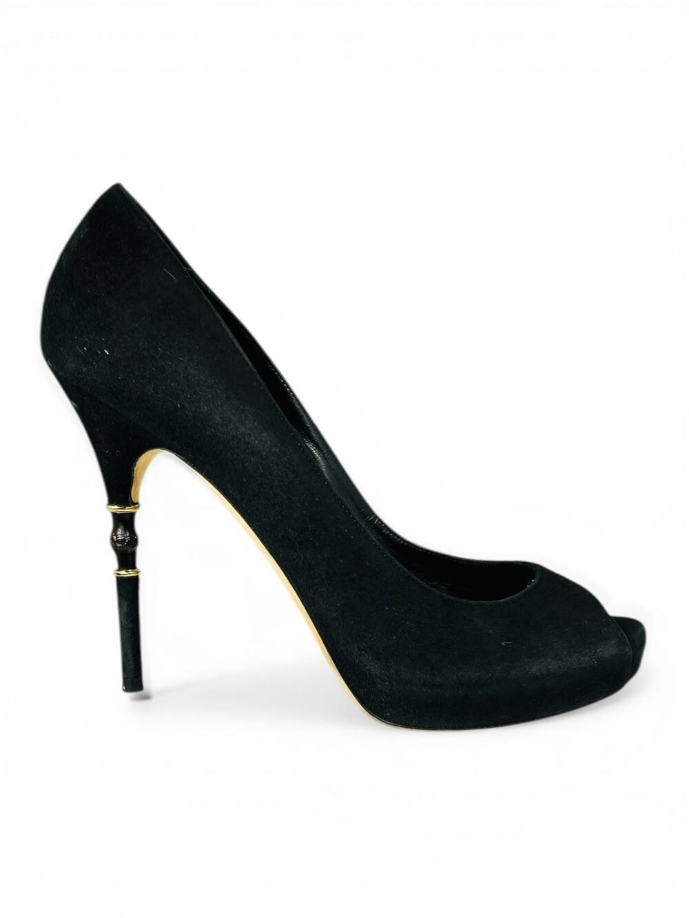 Gucci Black Suede Bamboo Heel Peep Toe Platform Pumps Size 39.5